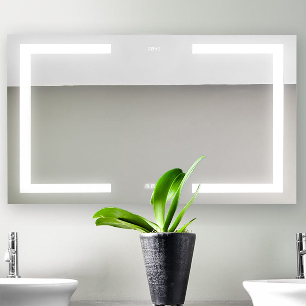 Miroir à éclairage DEL intégré avec variateur de luminosité et horloge 48" x 28"