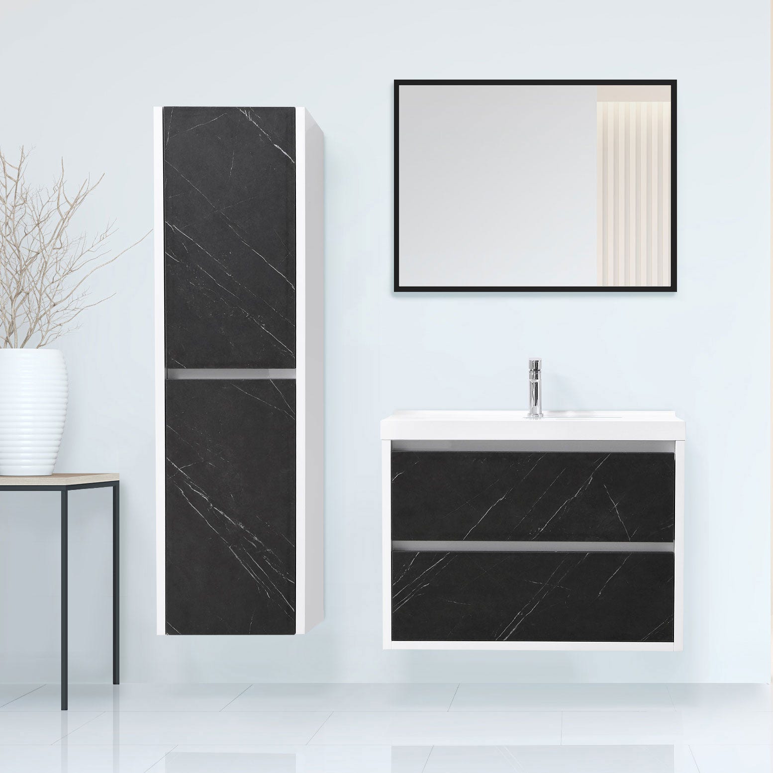Dark grey marble and glossy white finish bathroom furniture